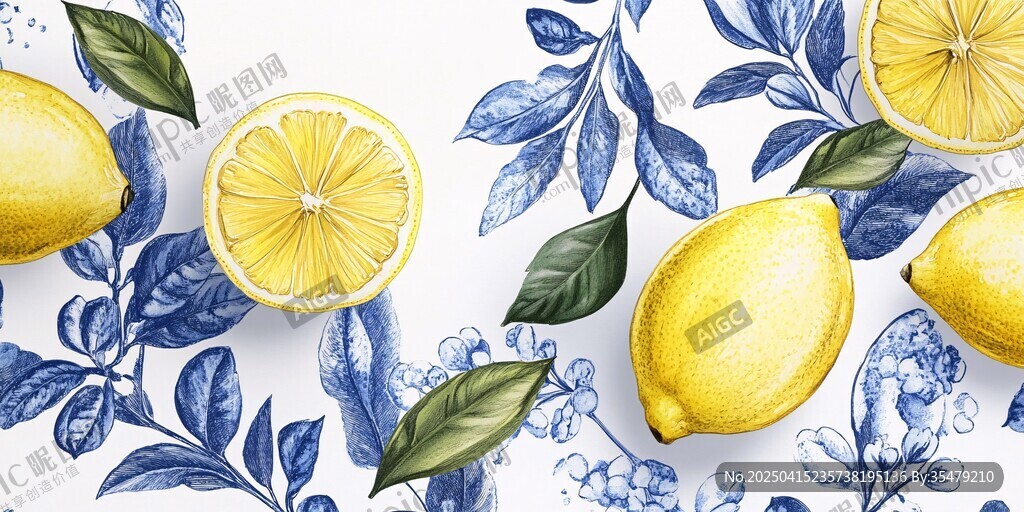 蓝白花卉间的鲜柠檬图案