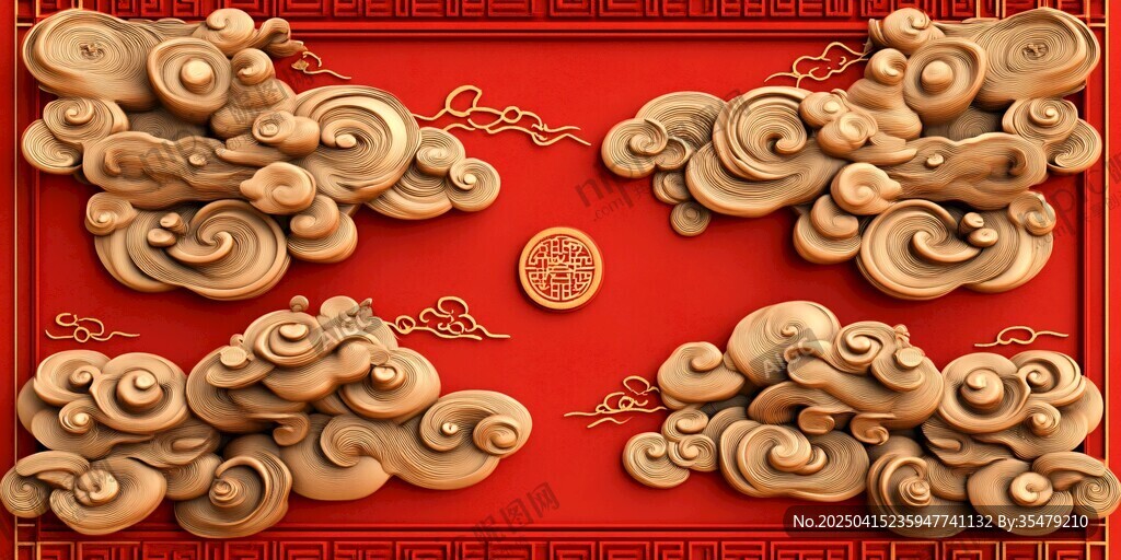 中式祥云浮雕喜庆红背景