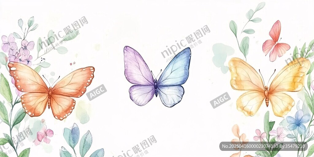水彩蝴蝶与花卉装饰图案