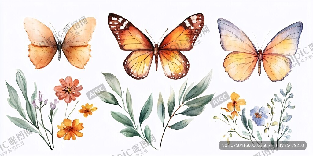 水彩蝴蝶与花卉插画素材