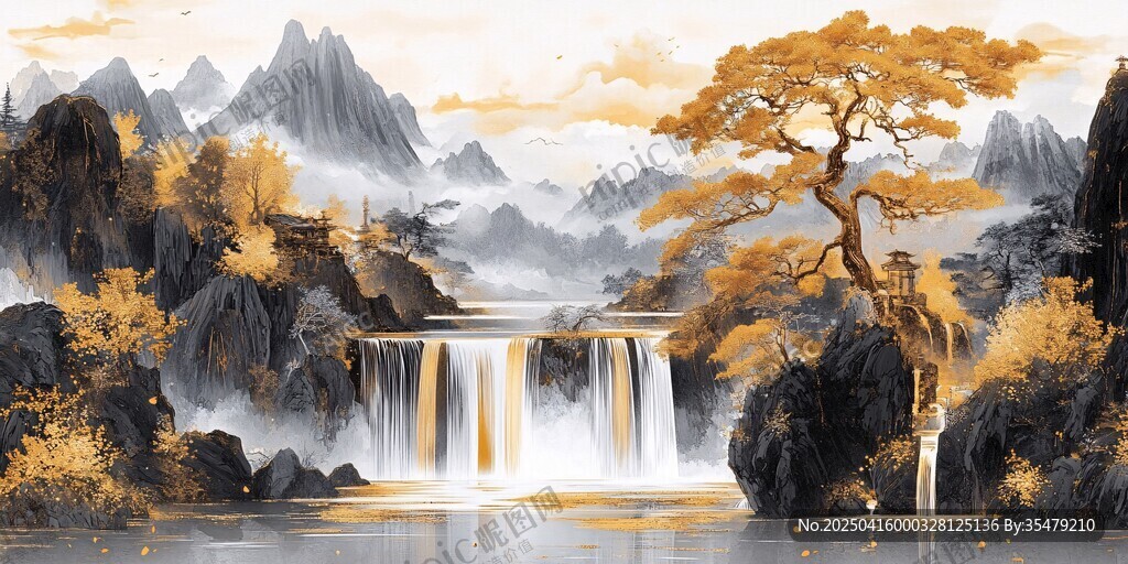 金秋山水间的壮丽瀑布