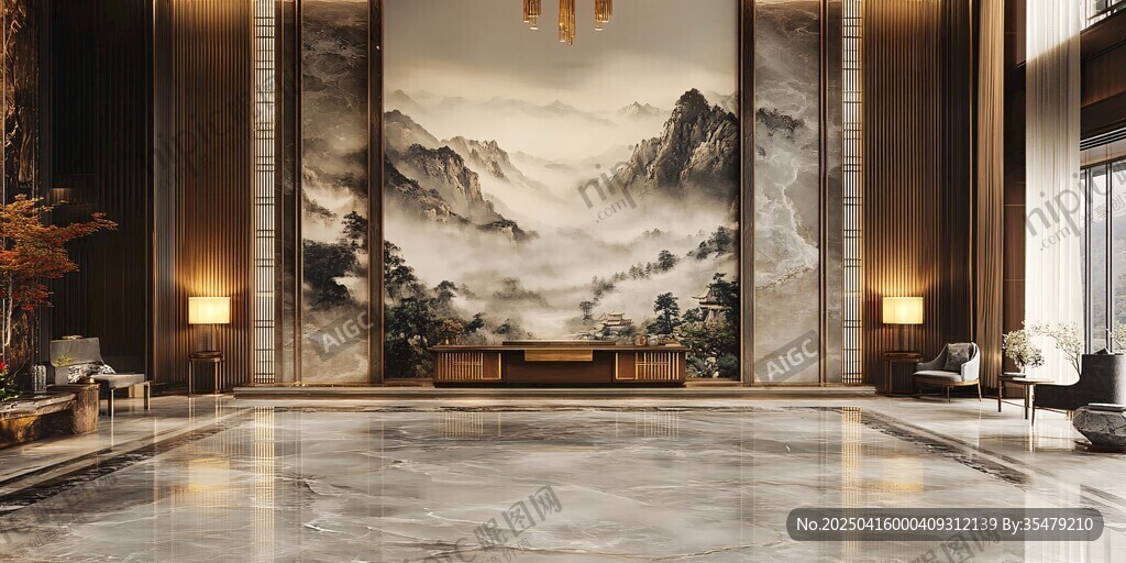 中式豪华大厅 山水壁画装饰