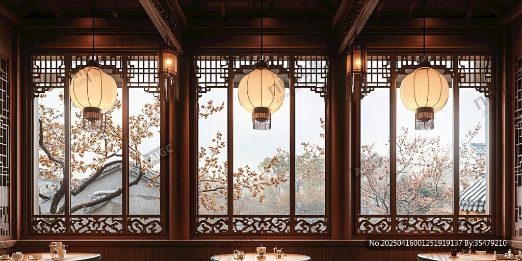 中式餐厅雅致窗景与灯笼