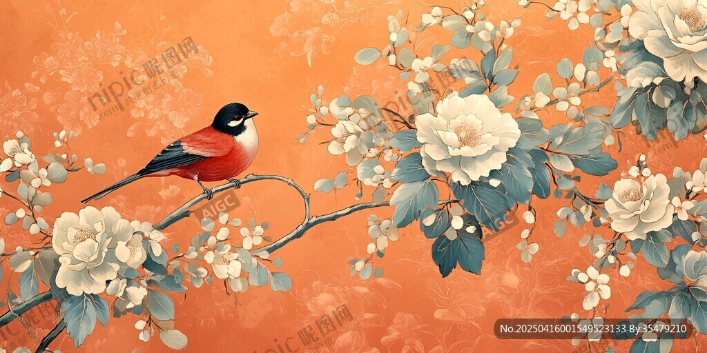 橘色背景上的花鸟工笔画