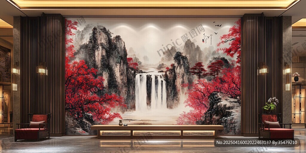 中式山水瀑布客厅背景墙