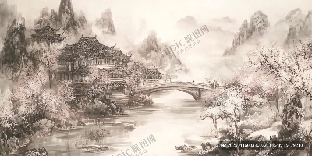 水墨山水间的古韵楼阁