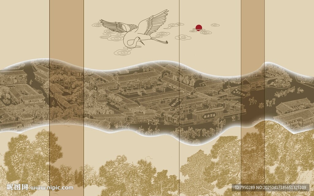 中式山水飞鸟意境画卷背景墙