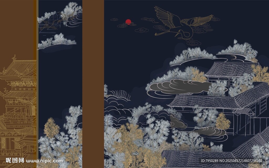 古风中式建筑花鸟装饰画