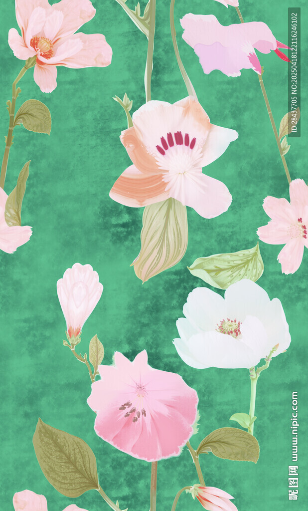 绿色背景上的粉色花卉图案