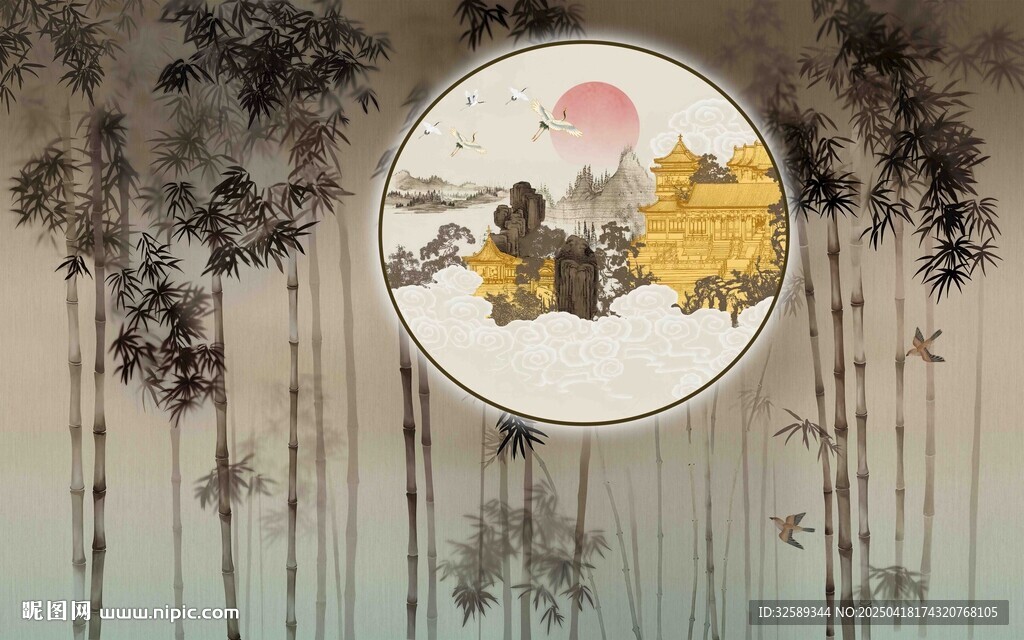 中式水墨风圆形花卉背景墙