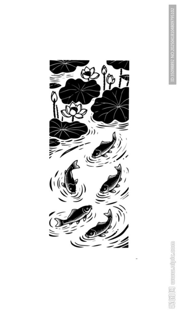 黑白海浪荷花鱼插画艺术作品