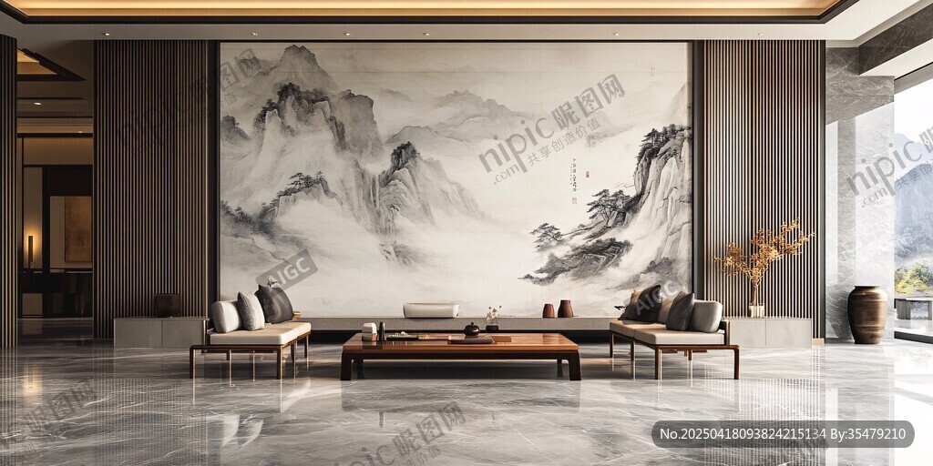 中式客厅 水墨山水背景墙