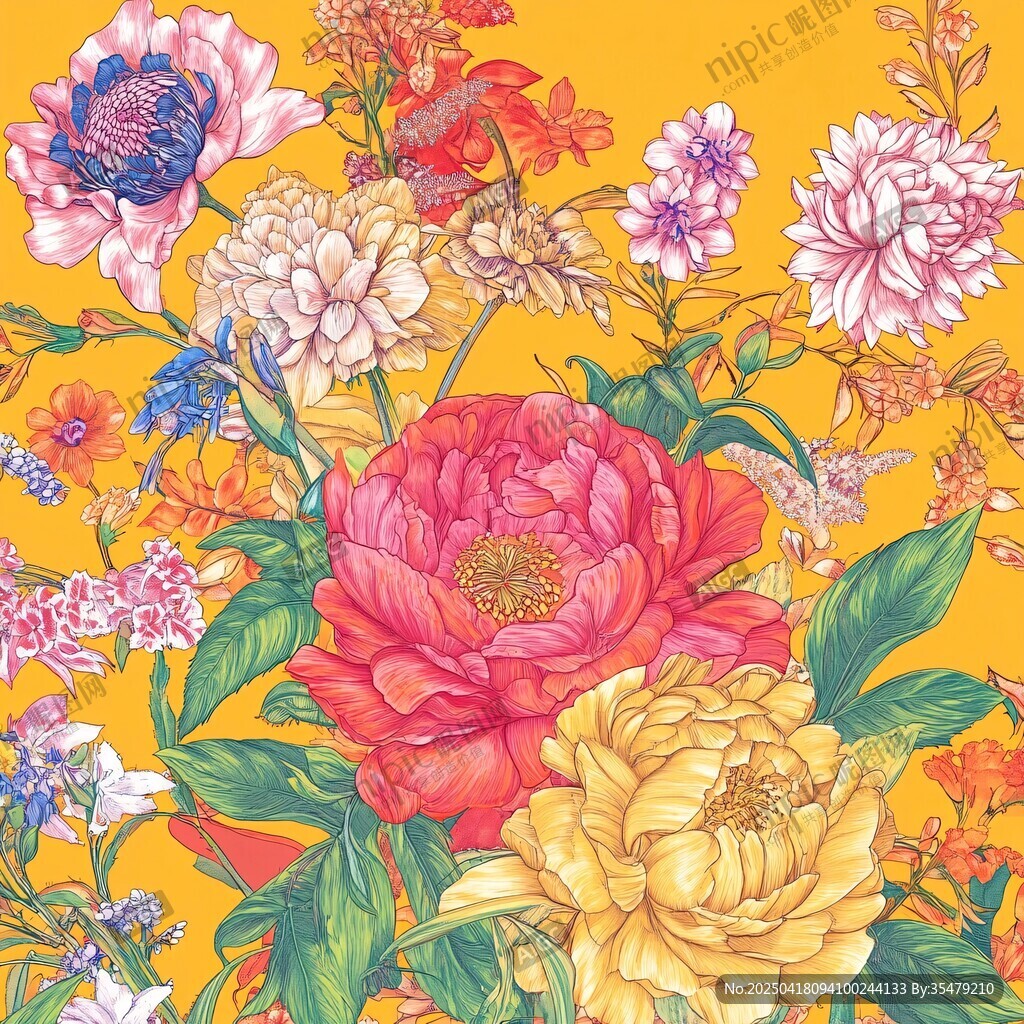 缤纷花卉绘于明亮黄背景