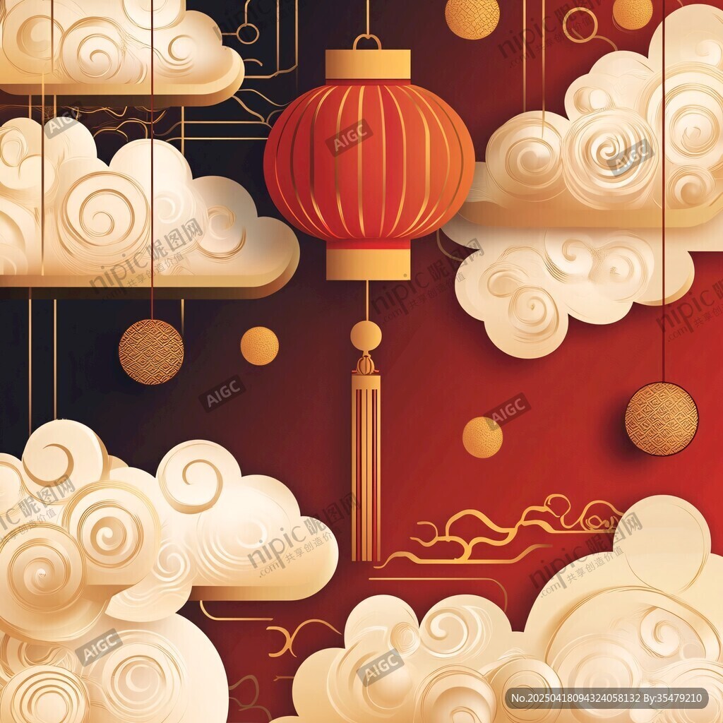 中式云间红灯笼喜庆图景