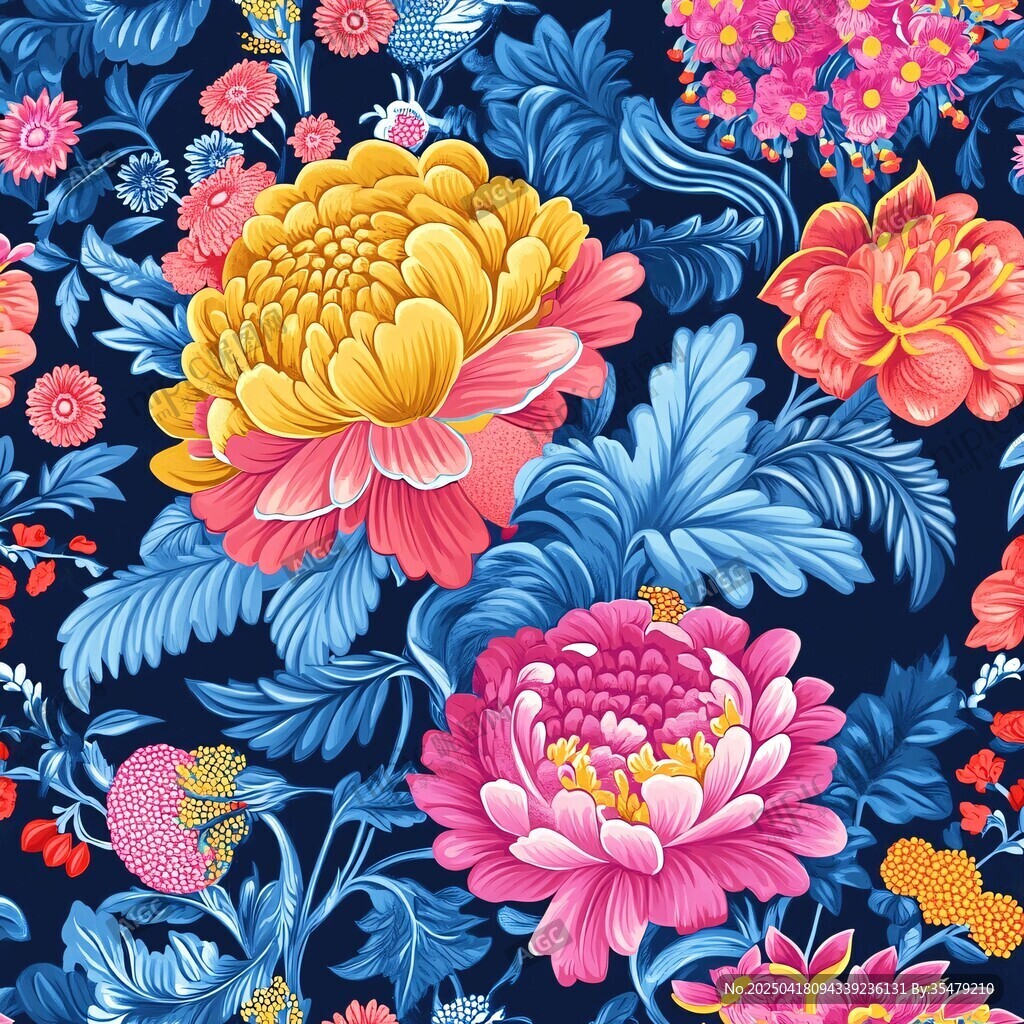 绚丽花卉图案 深蓝背景风