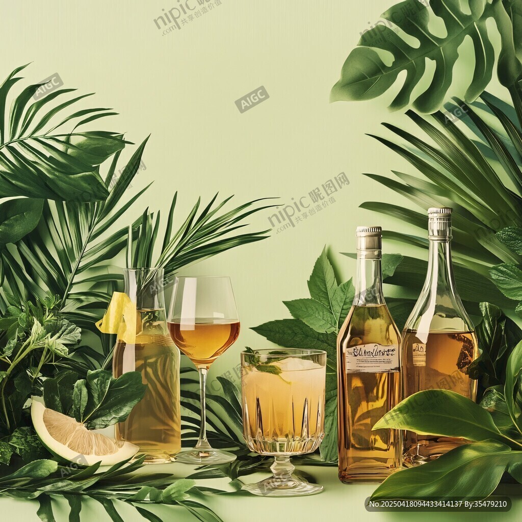 热带绿植中的精致美酒