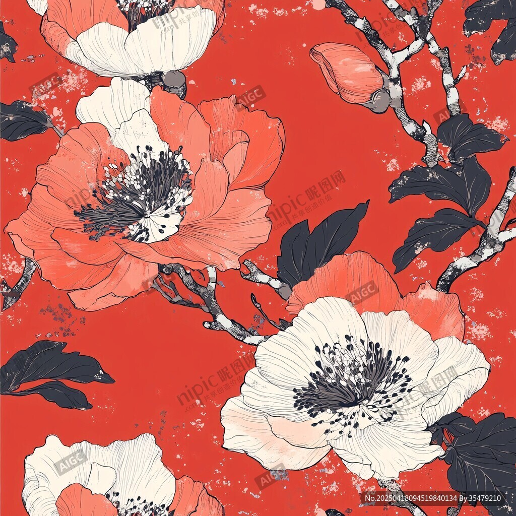 红色花卉图案的精美插画