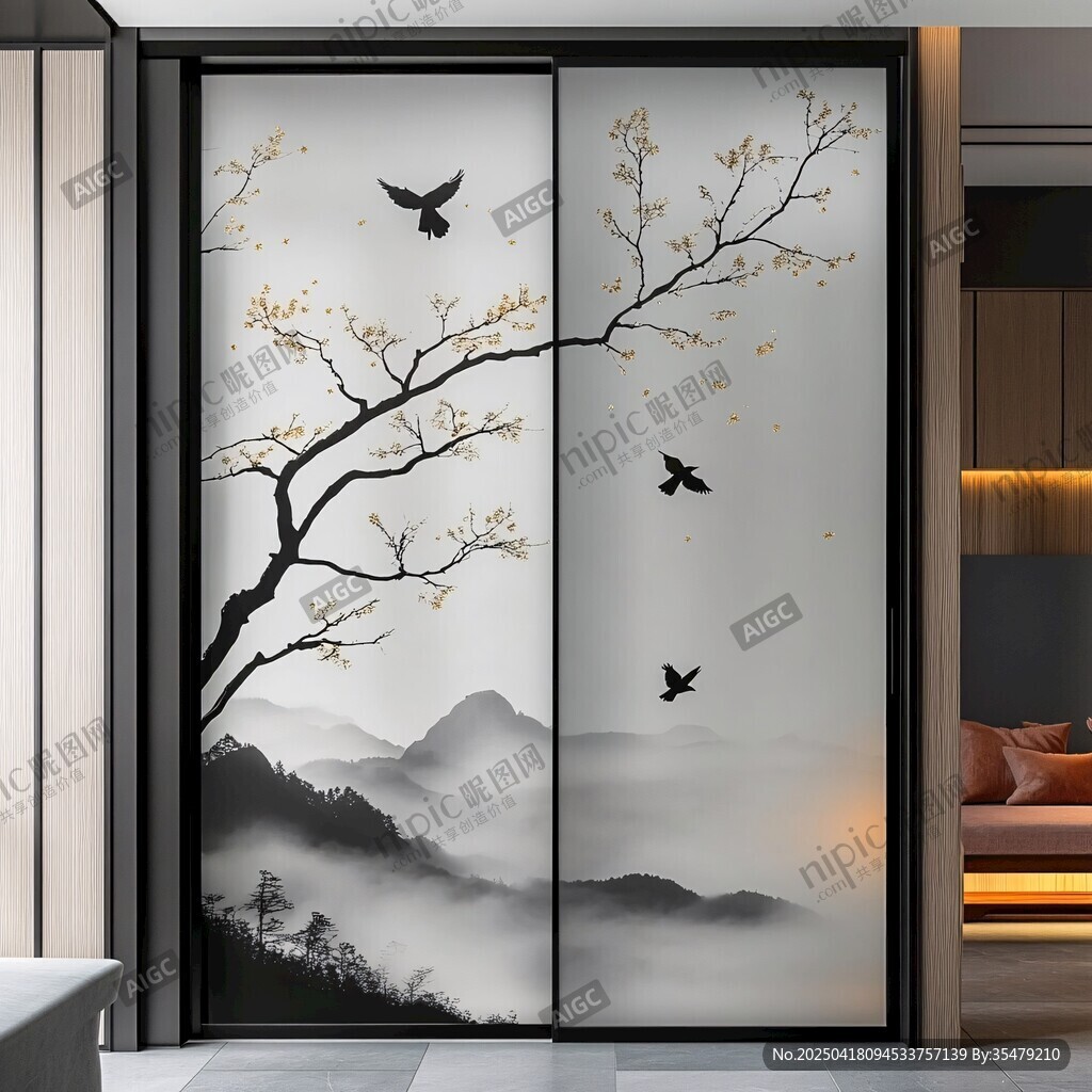 中式山水花鸟移门装饰画