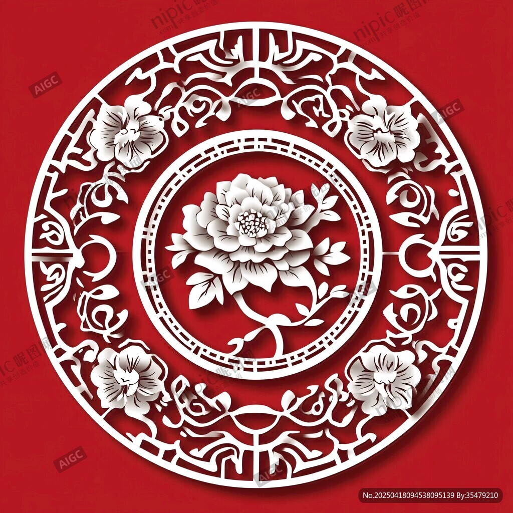 中式剪纸风圆形花卉装饰图
