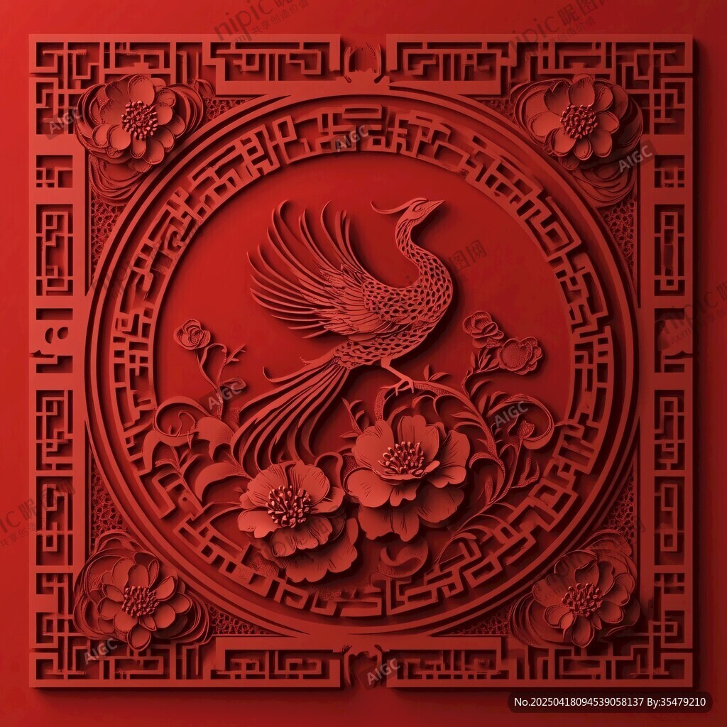 中式红雕凤凰花卉装饰图案