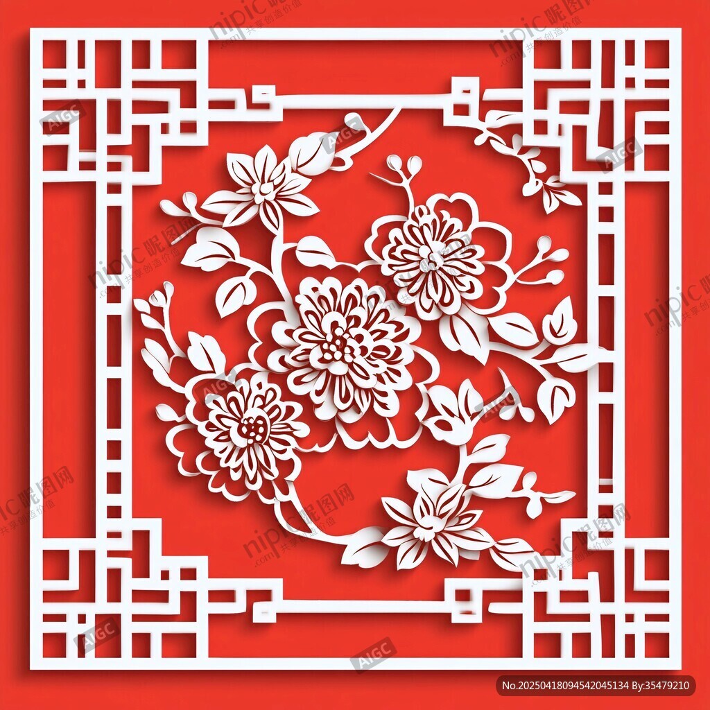 中式剪纸风花卉边框图案