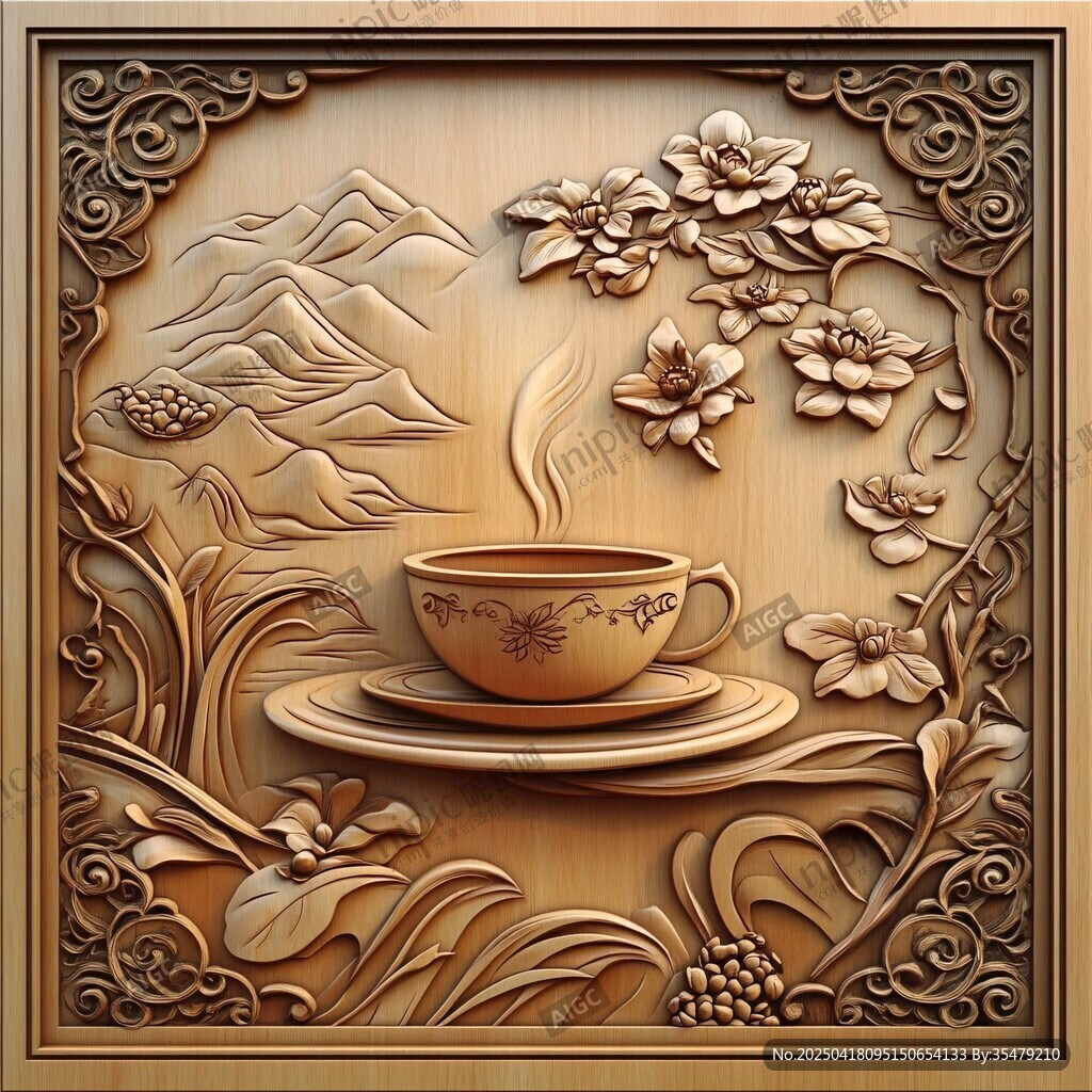 中式木雕茶杯花卉山水图