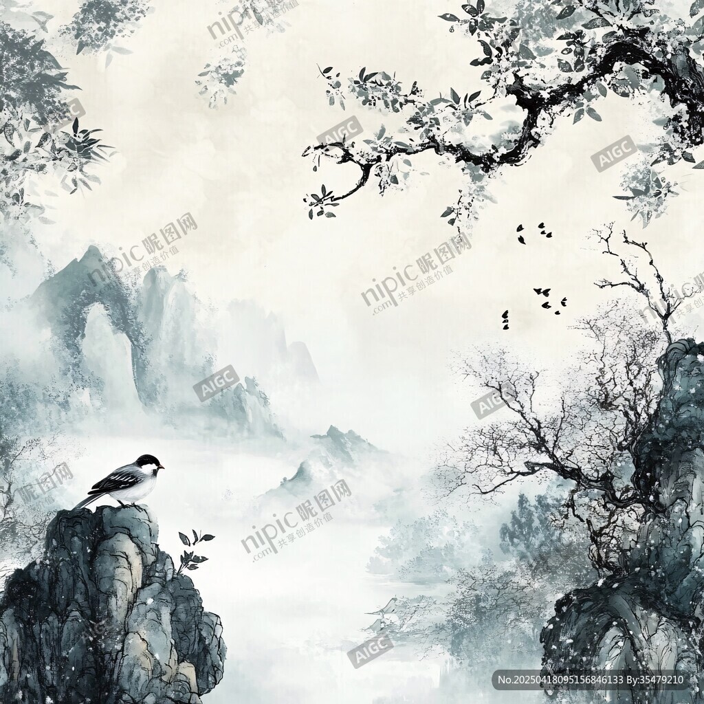 水墨山水间的孤鸟静景