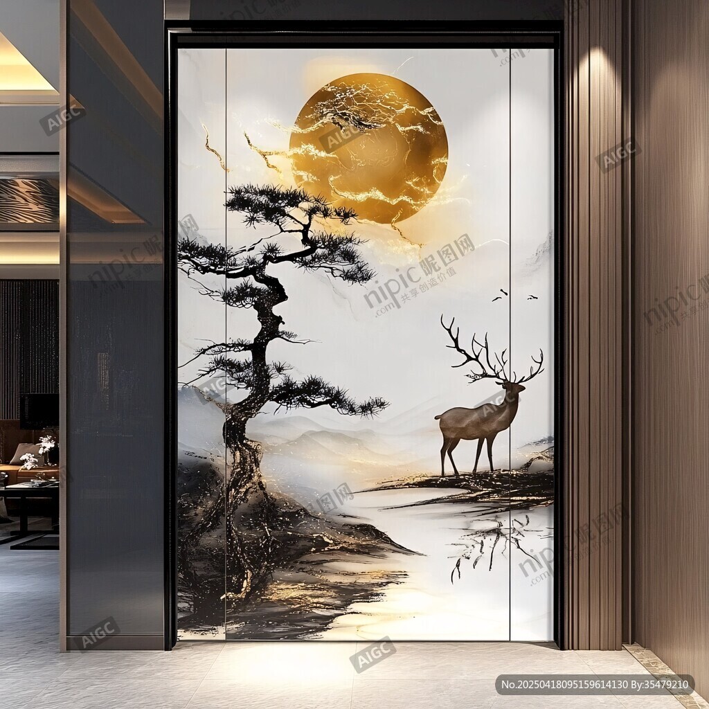 中式玄关画 松鹿映月图