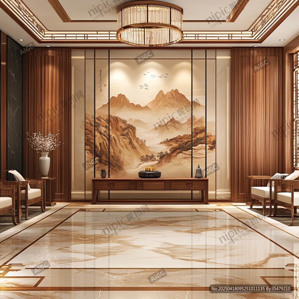 中式典雅客厅山水背景墙