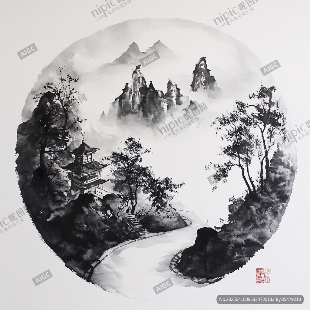 水墨山水圆景图
