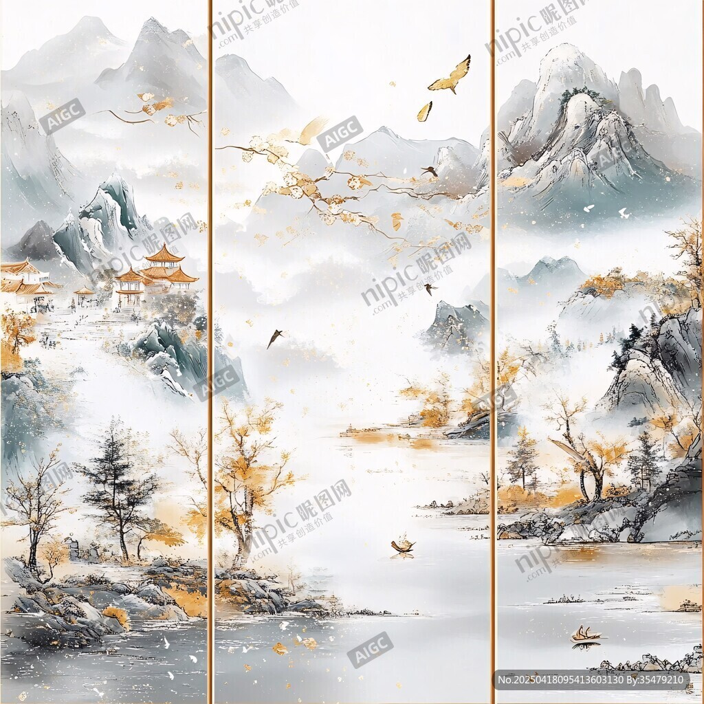 山水秋景中式三联画意境美