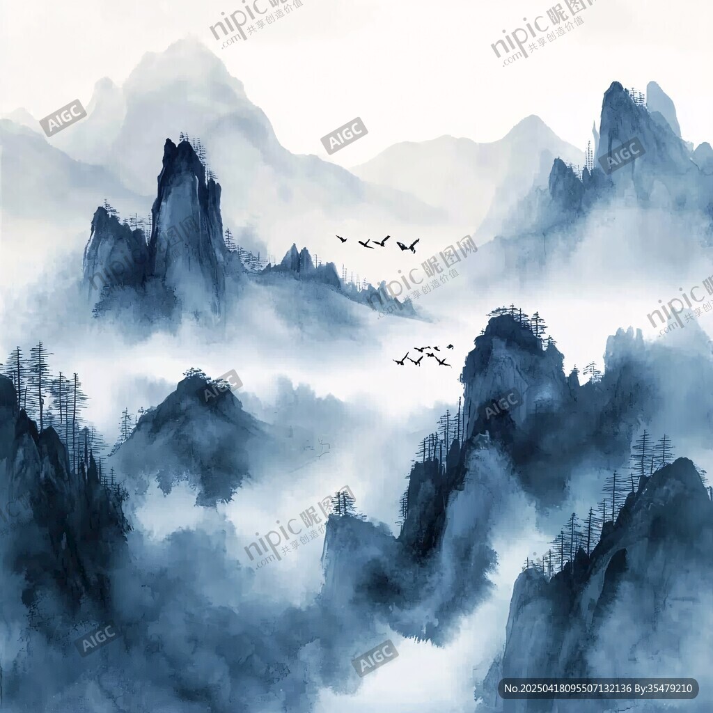 水墨山水间飞鸟伴云雾