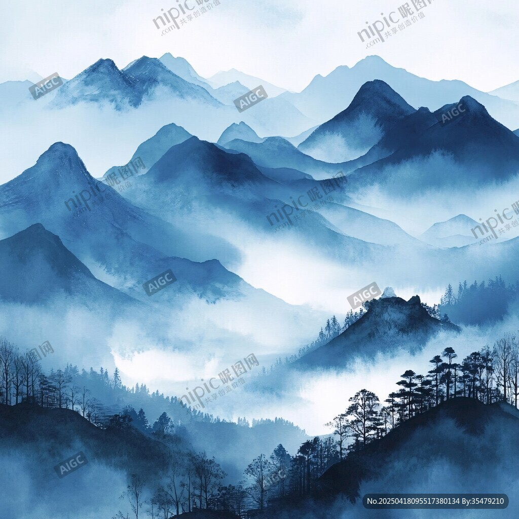 水墨群山间 云雾绕青松