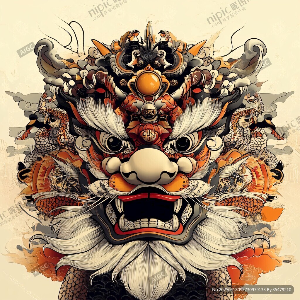 中式龙狮头图腾艺术插画