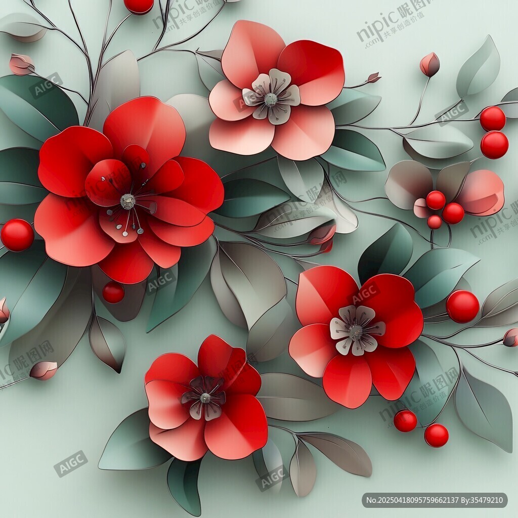 立体纸艺风的红花朵与浆果