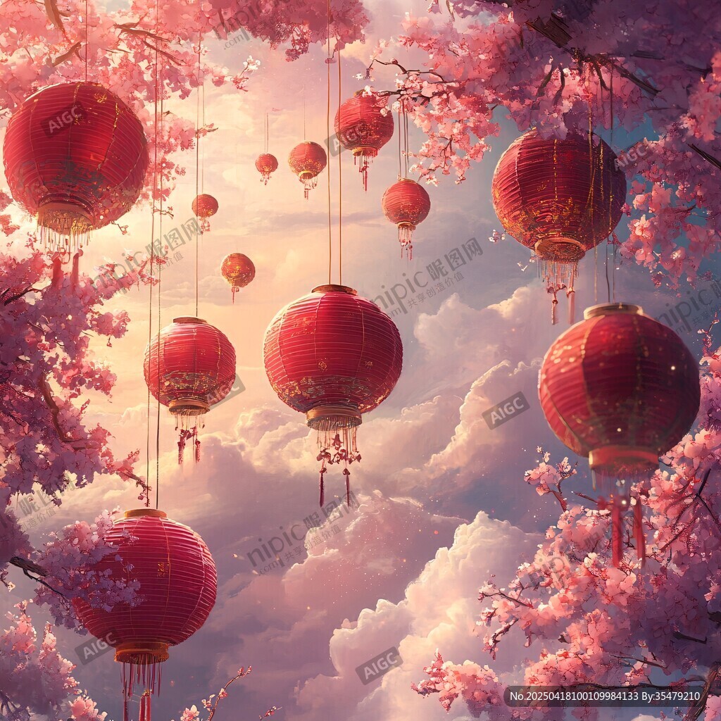 梦幻樱花下的红灯笼盛景