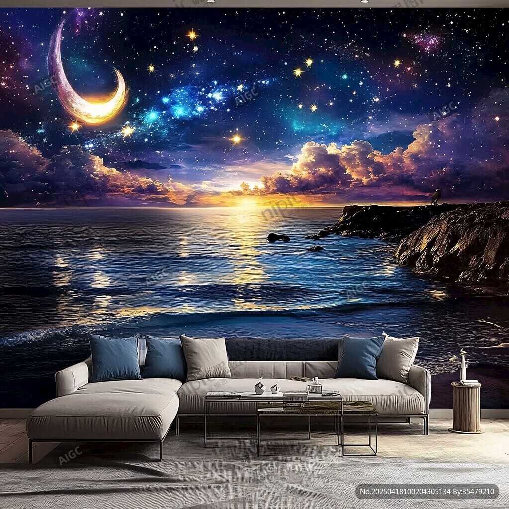 梦幻星空海景客厅装饰画