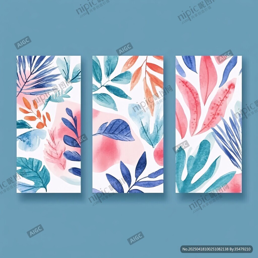 热带植物水彩三联装饰画