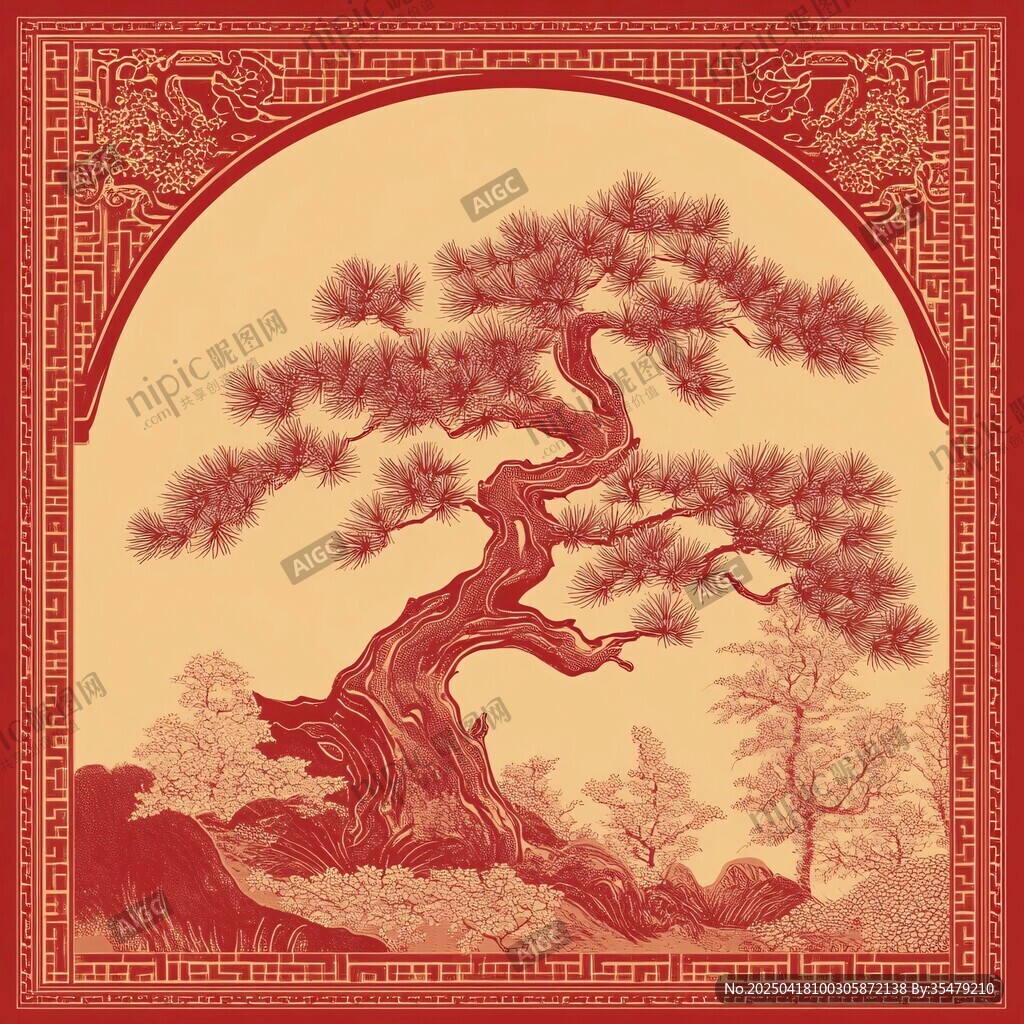中式古典松景边框图案