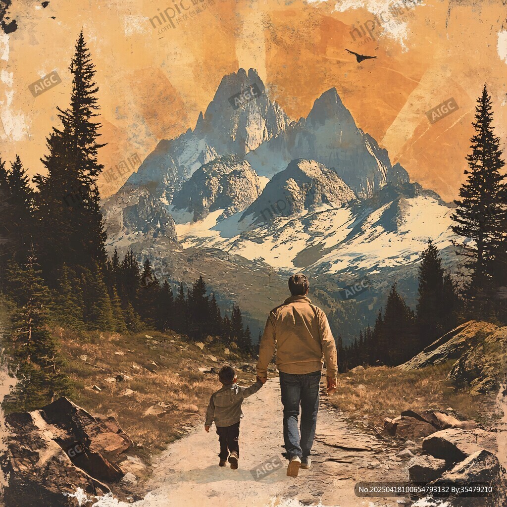 父子漫步山间的温馨时刻