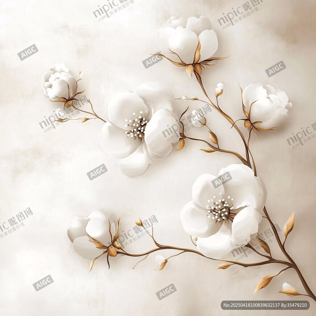 白色花卉枝杈的精致插画