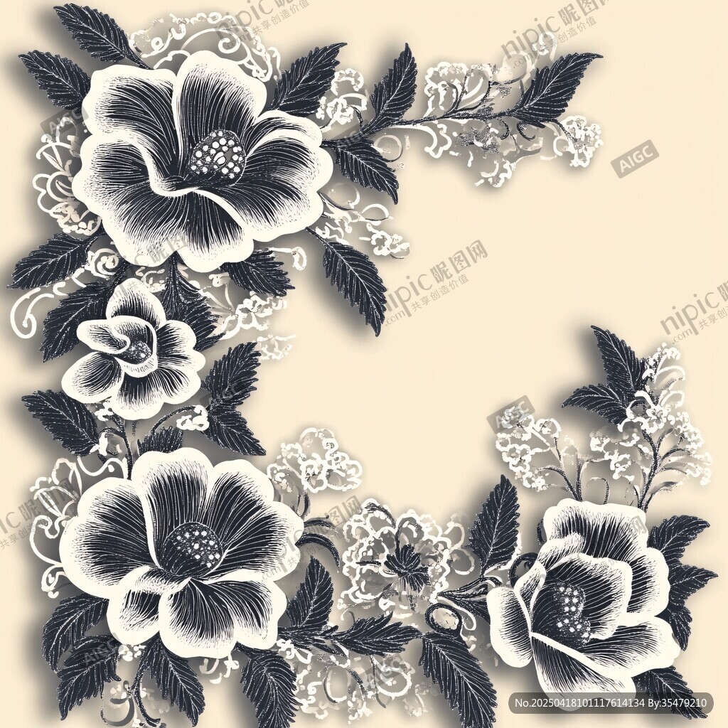 黑白花卉花边装饰图案