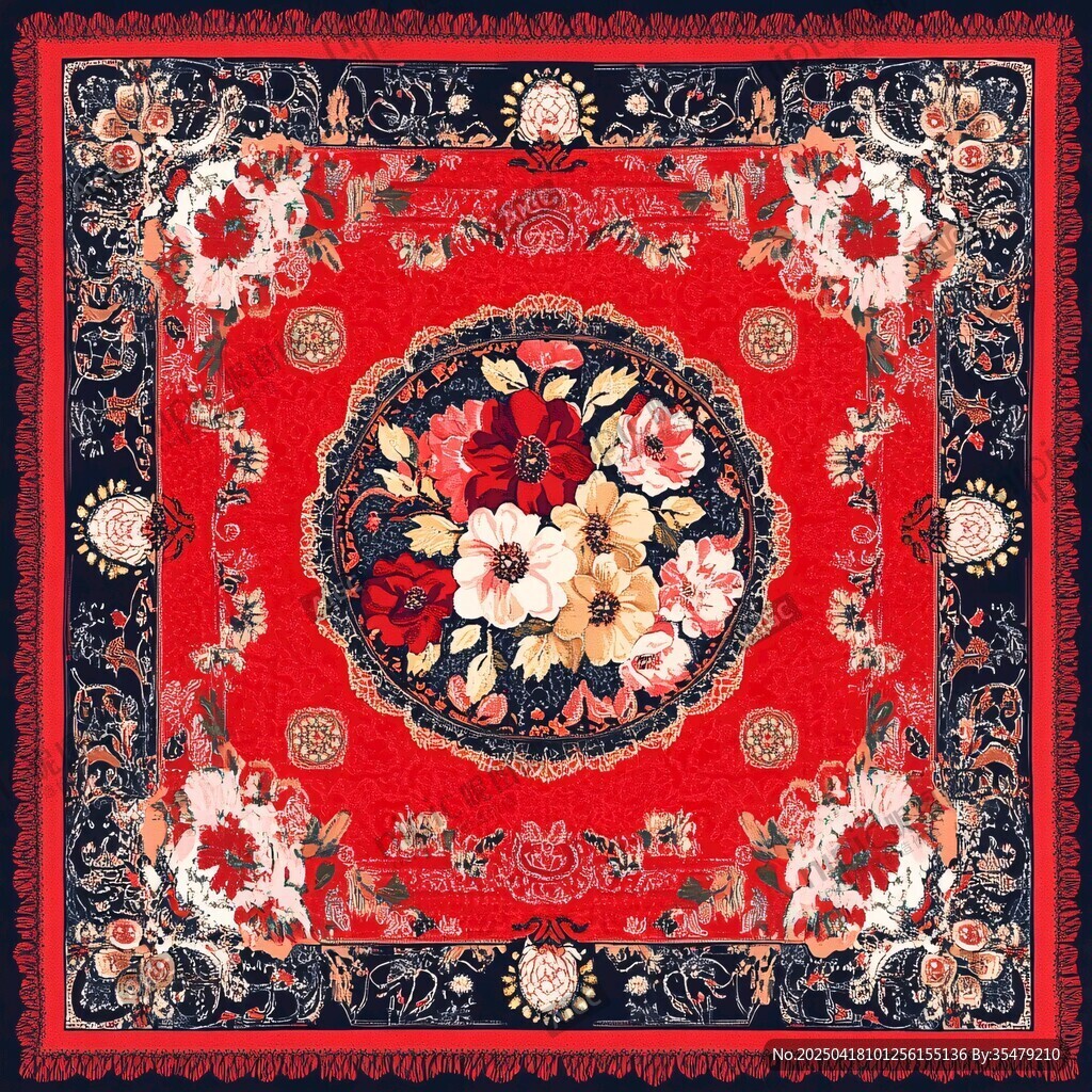 红色花卉图案精美方形丝巾