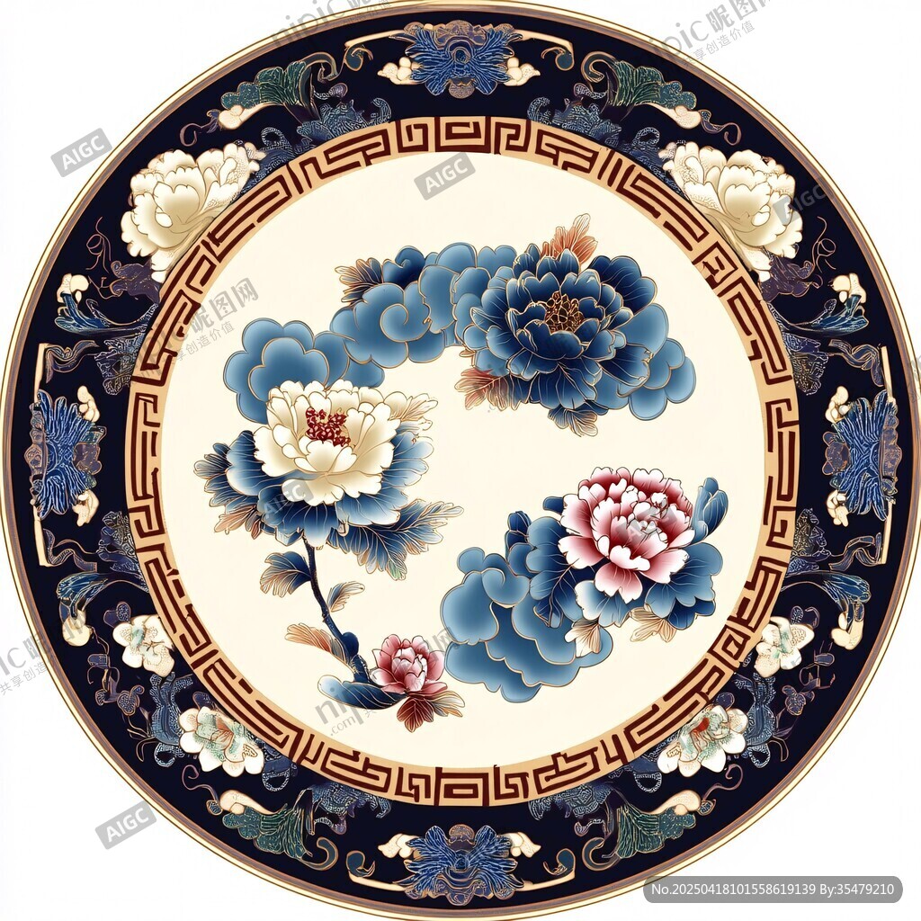 中式牡丹花纹圆形传统图案
