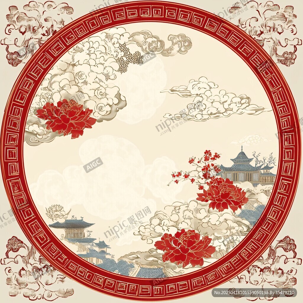 中式圆形古典花鸟风景图案