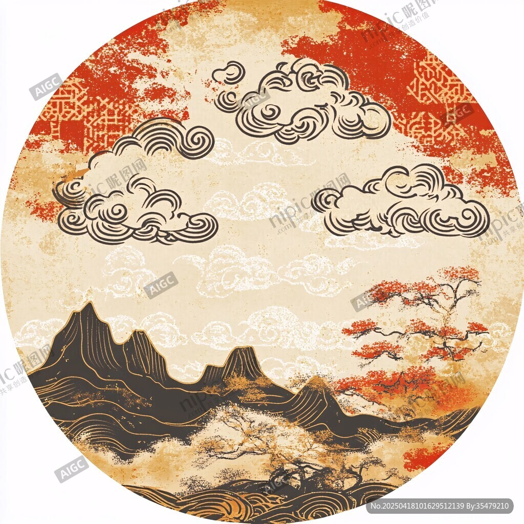 中式古典云纹山水圆形图案