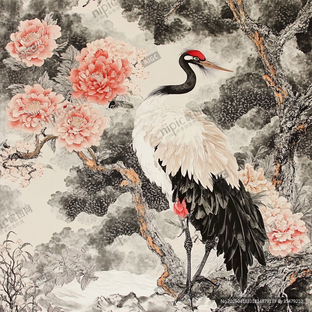 丹顶鹤栖于繁花绿树间