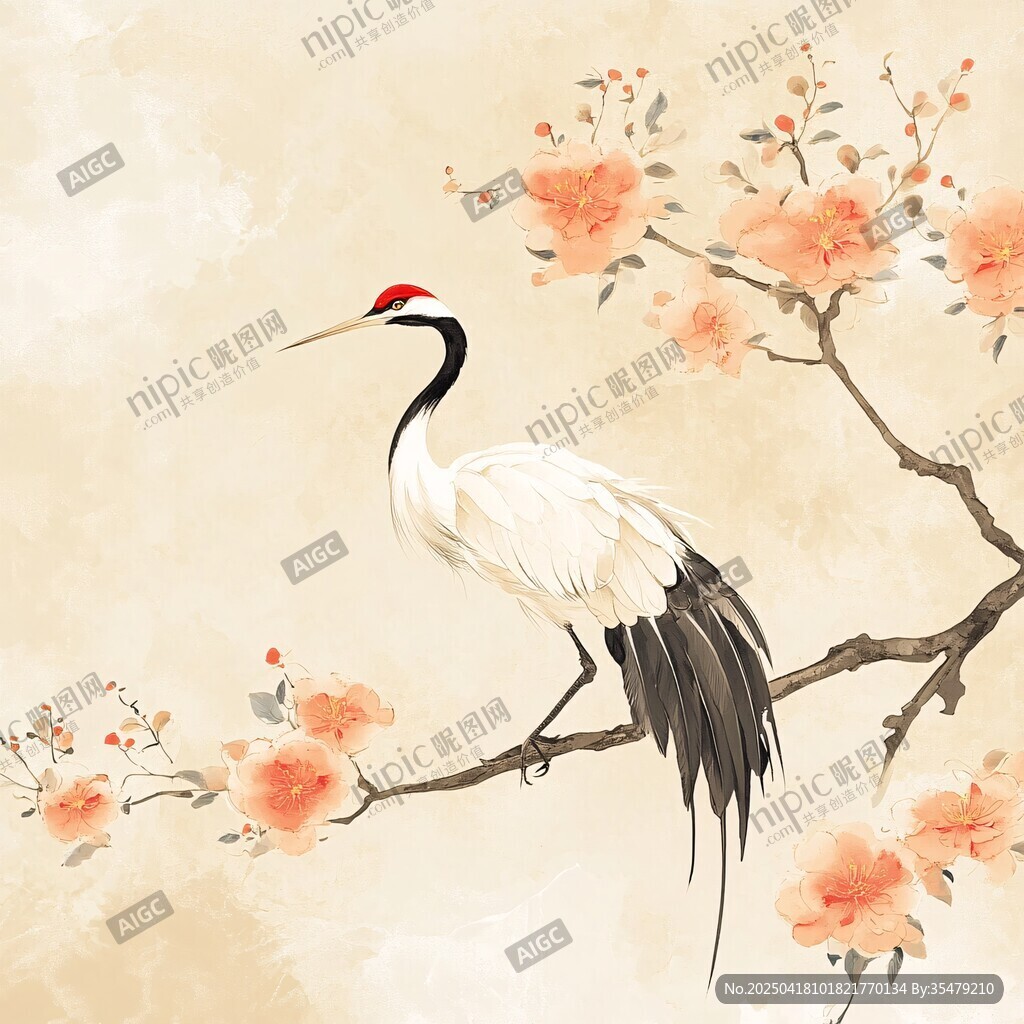 丹顶鹤栖于繁花枝头
