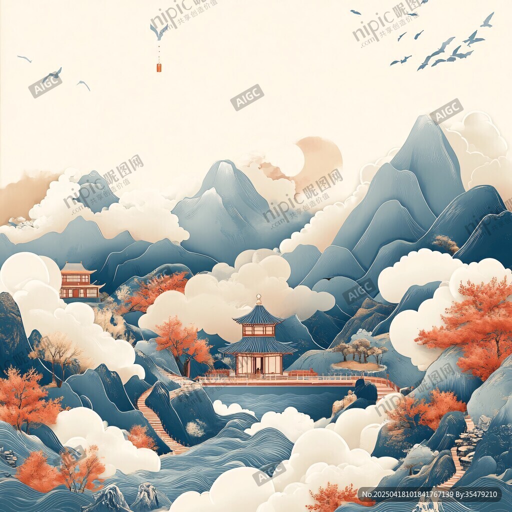 秋日山水间的中式古韵风光