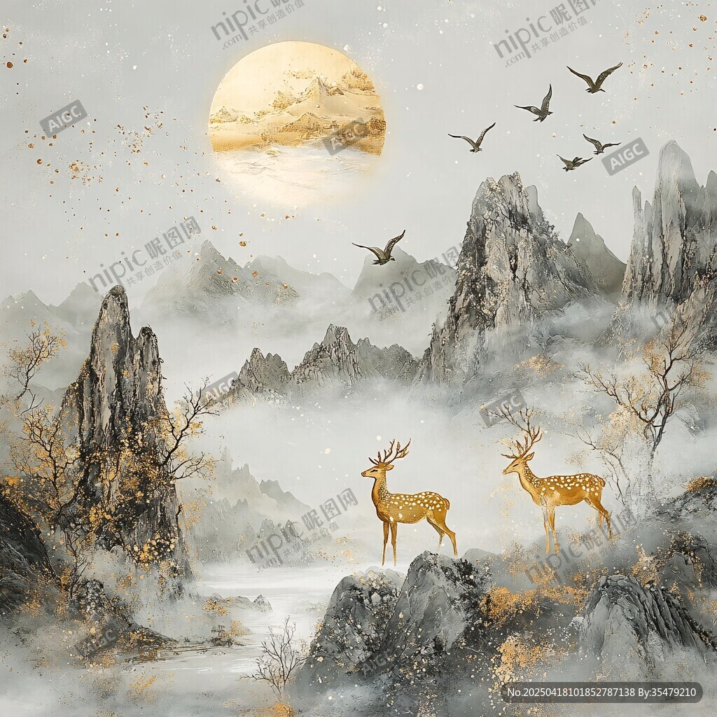 月夜山林双鹿图
